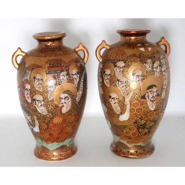 Antique Japanese Signed Satsuma Porcelain Vases, Matched Pair With Double Handles, Faces and Dragon on Each For Sale - Image 4 of 10