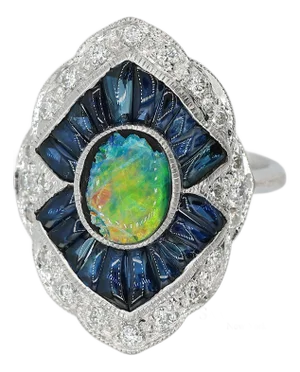 18k(750) Solid White Gold Natural Diamond Sapphire and Opal Ring, Size 7