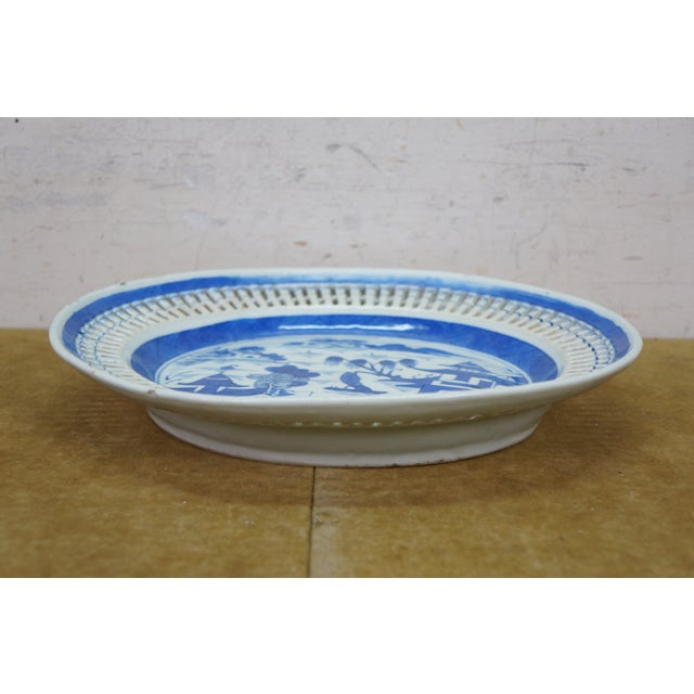 Antique Chinese Export Canton Blue White Reticulated Serving Plate & Basket For Sale - Image 14 of 17