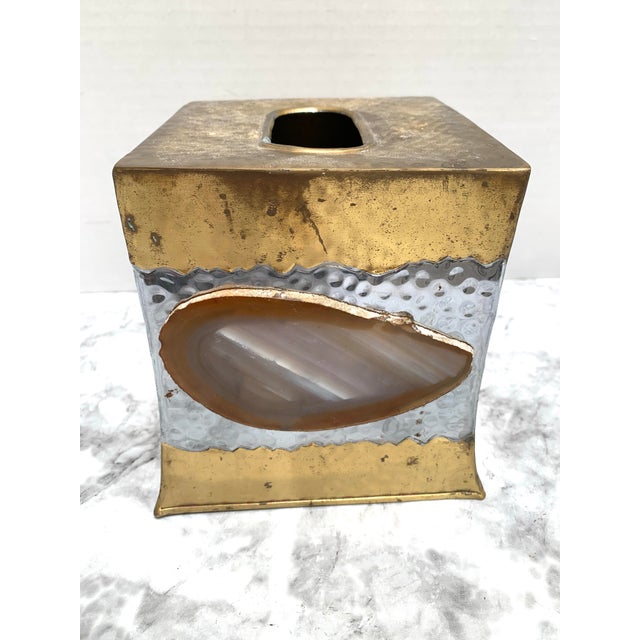 Brass Vintage Hammered Brass Tissue Box Cover With Brazilian Agate Stone For Sale - Image 8 of 9