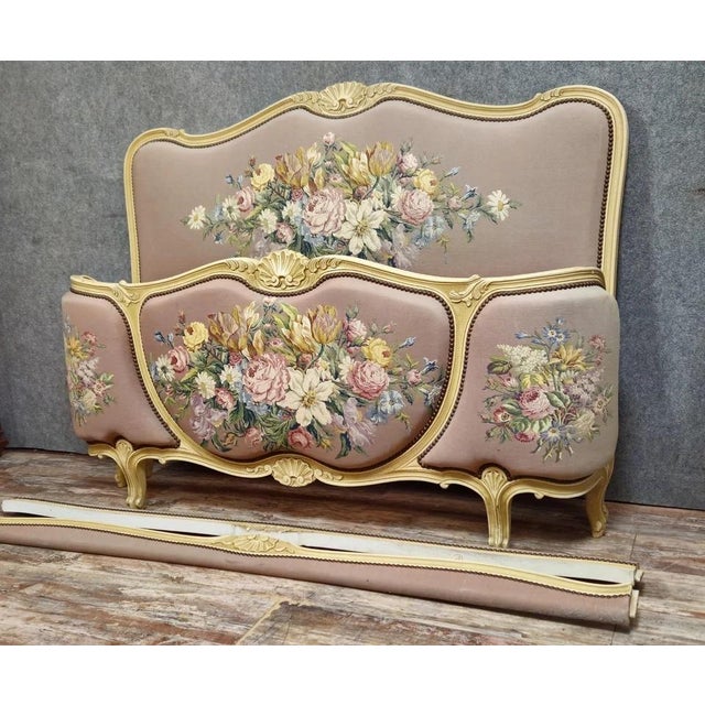 Louis xv style canopy bed – carved wood and floral tapestry – 155 cm an elegant louis xv style canopy bed, crafted from...