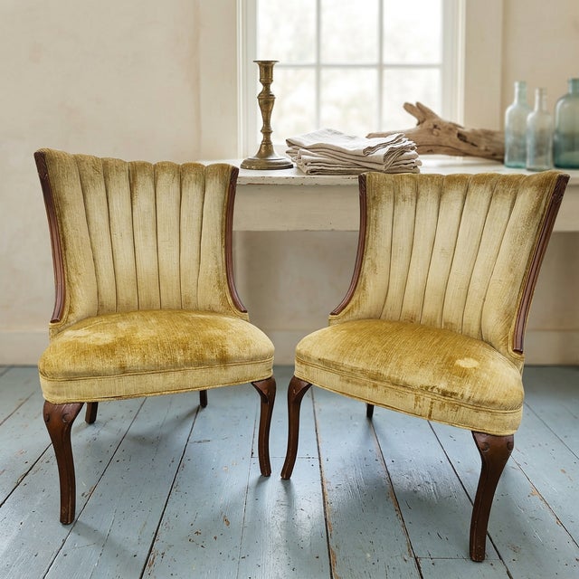 Pair of Vintage Hollywood Regency Shell Back Slipper Chairs, 1940s Style For Sale - Image 18 of 18