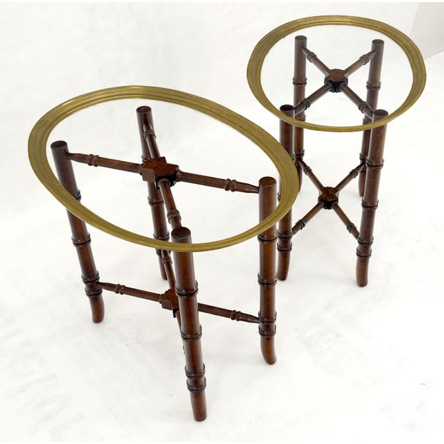 Pair Oval Brass Gallery Glass Top Faux Bamboo Bases End Side Tables Stands MINT For Sale - Image 12 of 16
