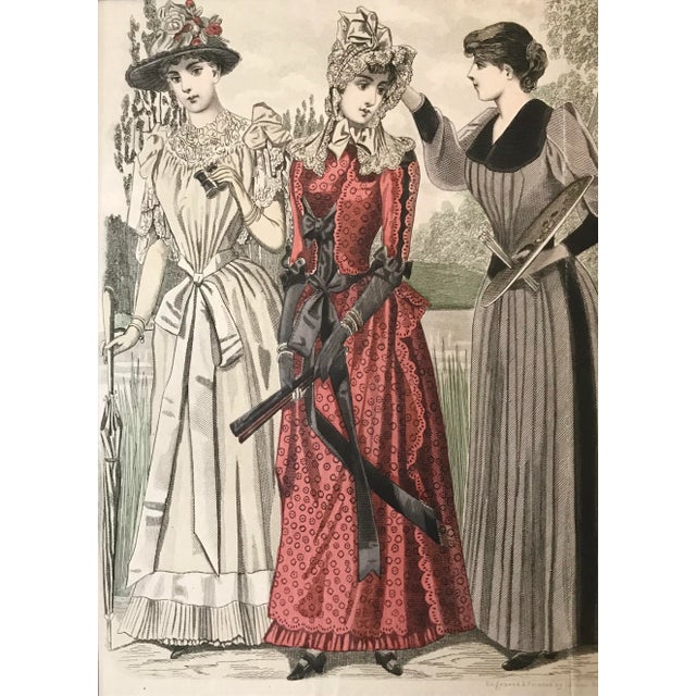 Antique French Fashion Print 1890 Hand Colored Etching For Sale - Image 4 of 7