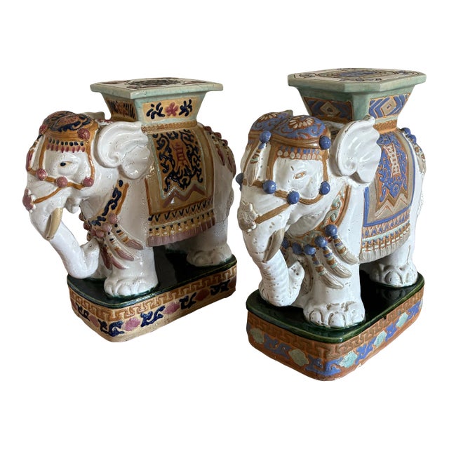 Mid 20th Century Ceramic Elephant Garden Seats - Set of 2 For Sale