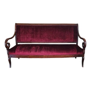 French Louis Philippe Style Walnut Settee in Burgundy Velvet, C. 1900-1930 For Sale