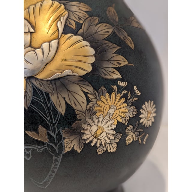 Japanese Vase With Mixed-Metal Peony Relief For Sale - Image 4 of 7