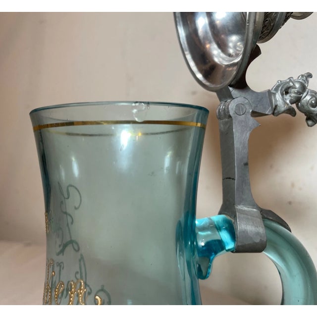 Large Antique 1800's Blown Gilt Blue Glass Pewter German Lidded Beer Stein Mug For Sale - Image 14 of 14