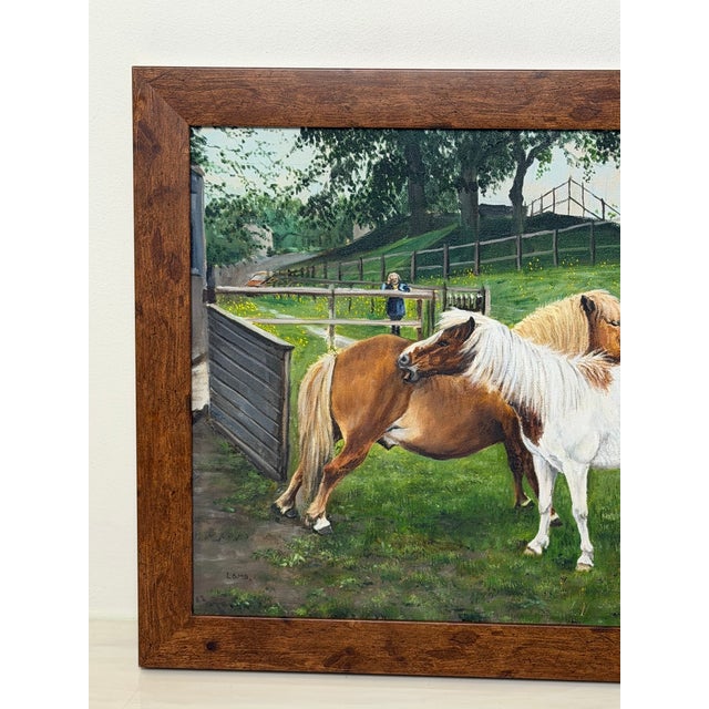 Realism Shetland Groom Original British Equestrian Oil Painting of Two Ponies Framed For Sale - Image 3 of 14