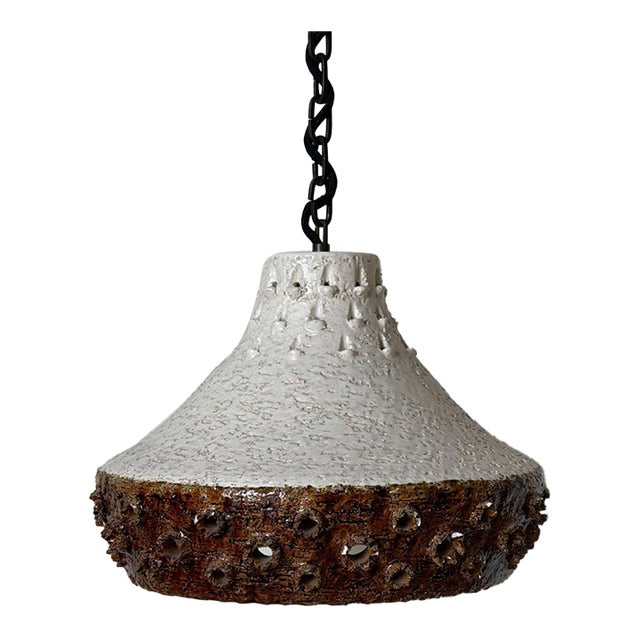 1970s Mid-Century Modern Ceramic Pendant Light Fixture Textured Studio Pottery Ceiling Lamp For Sale