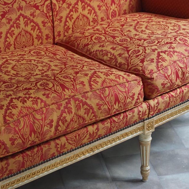 Louis XVI Style 3-Seater Bench with Damask Upholstery from Balzarotti Paris For Sale - Image 4 of 14