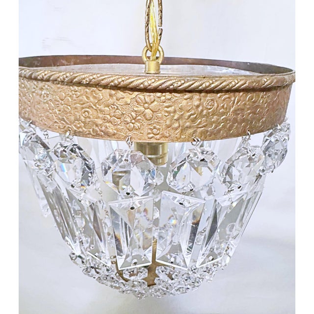 Vintage Brass Crystal Basket Chandelier With Ornate Floral Detailing Frame For Sale In New York - Image 6 of 10