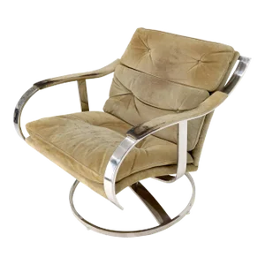 Heavy Gage Polished Stainless Steel Swivel Base Suede Upholstery Lounge Chair