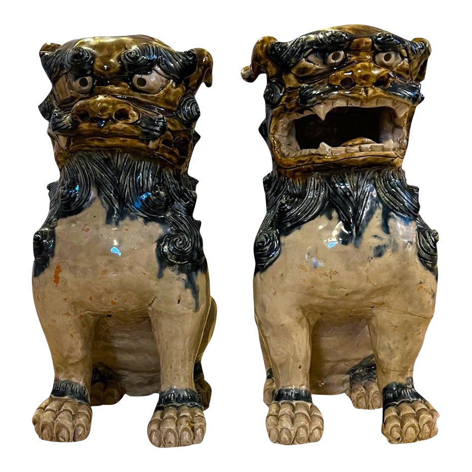 Large Mid-Century Chinese Ceramic Foo Dog Guardian Lion Pair ...