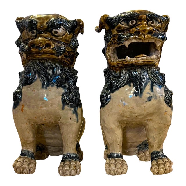 Large Mid-Century Chinese Ceramic Foo Dog Guardian Lion Pair — Tortoiseshell Glaze For Sale