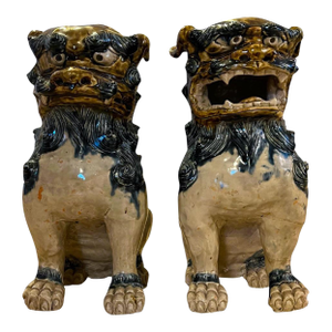 Large Mid-Century Chinese Ceramic Foo Dog Guardian Lion Pair — Tortoiseshell Glaze