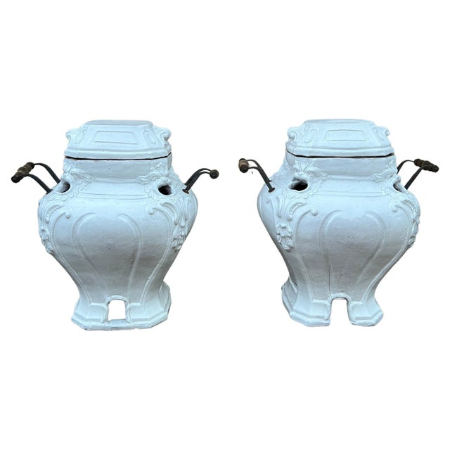 Glazed Terracotta Garden Urns or Jardinieres with Metal and Wood Handles - A Pair For Sale - Image 9 of 13