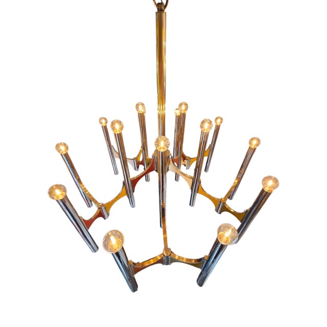 Beautiful 5 arms, 15 lights large chrome finished chandelier in style of Gaetano Sciolari , Italy, with very elegant and...