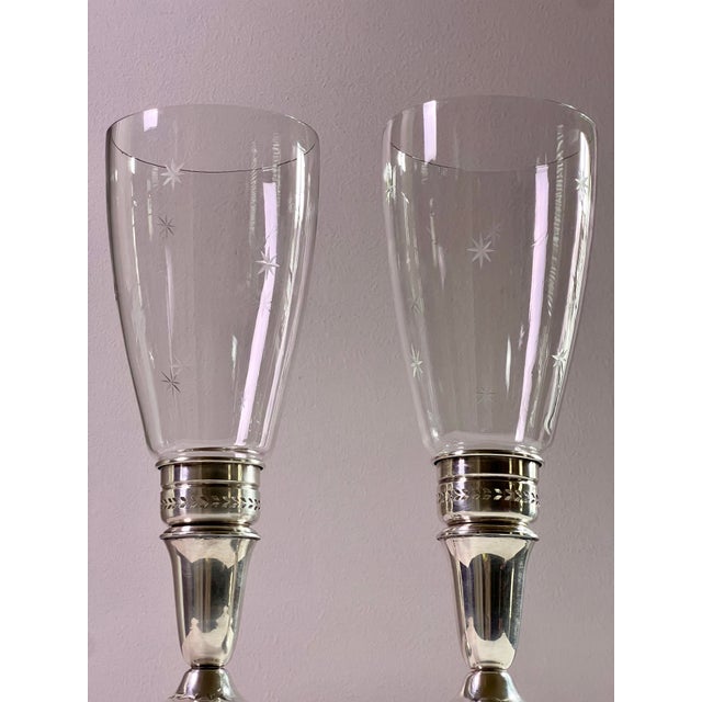 Pair of Crown Sterling Silver Candlesticks With Etched Glass Hurricane Shades, C. 1940 For Sale - Image 9 of 14