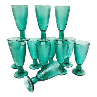 Vintage Tall Teal Glass Pedestal Goblets - Set of Twelve For Sale