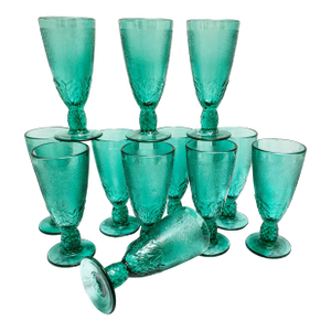 Vintage Tall Teal Glass Pedestal Goblets - Set of Twelve
