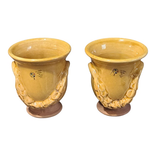 Pair of Vintage Glazed Pottery Neoclassical Italian "Global Views" Small Urns Vases Planters For Sale
