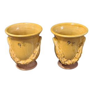 Pair of Vintage Glazed Pottery Neoclassical Italian "Global Views" Small Urns Vases Planters