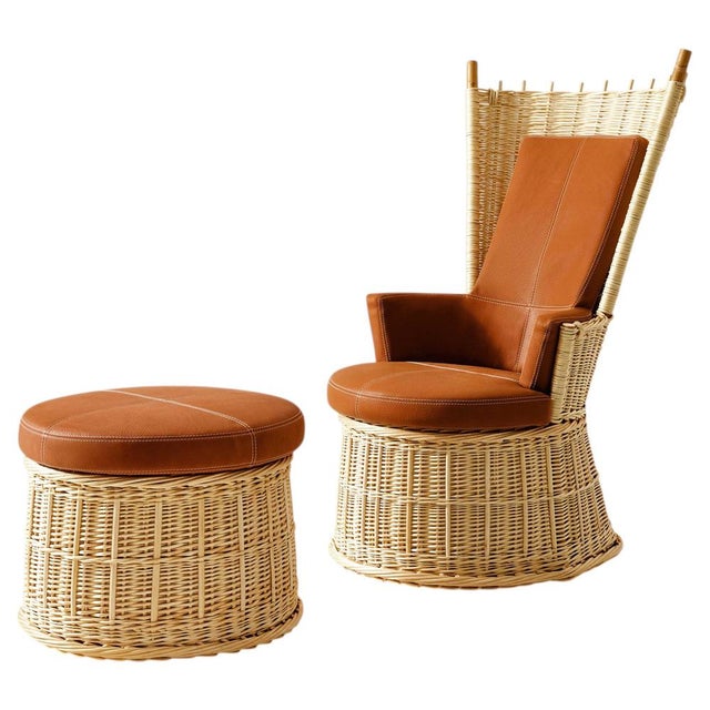 Set of Hotte Rattan and Leather Armchair and Pouf by Philippe Starck for Cassina For Sale - Image 17 of 17