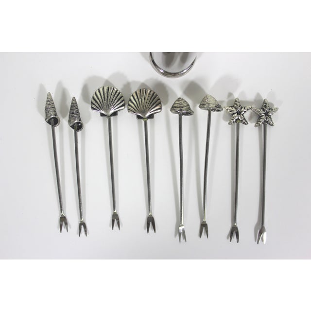 Silver Vintage Silverplated Seashell Cocktail Picks Forks With Holder Set of 9 For Sale - Image 8 of 9