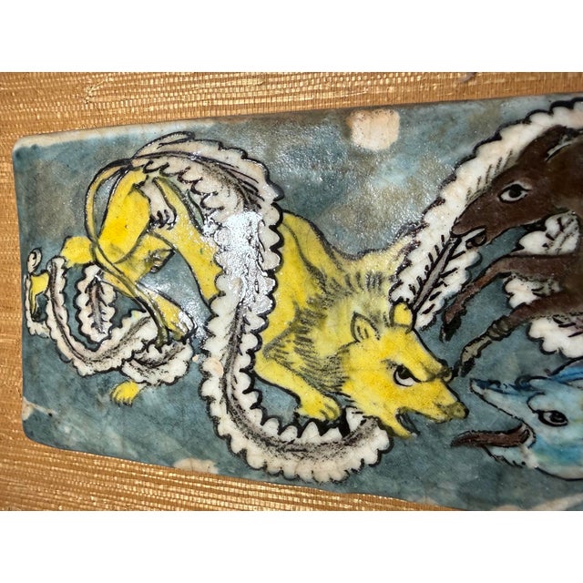 Antique 1800's Hand Painted Middle Eastern Lion Horse Pottery Majolica Wall Tile For Sale - Image 4 of 10