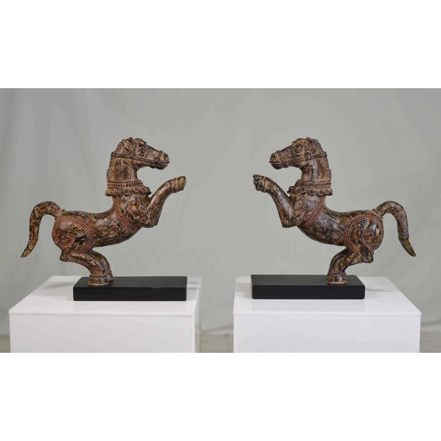 A fabulous pair of Samurai horse figures set on lacquered bases. Charming details are accented by a vintage oxidized...