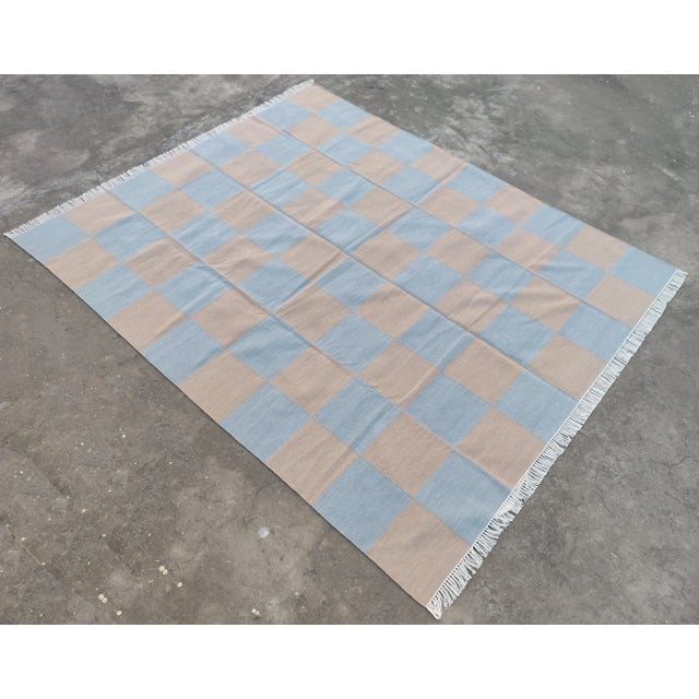 Handmade Vegetable Dyed Woolen Checked Pattern Rug Gray and Beige - 8x10 For Sale - Image 9 of 11