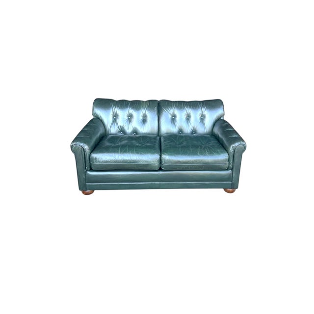 Contemporary Vintage Dark Green Tufted Leather English Club Loveseat For Sale - Image 3 of 14
