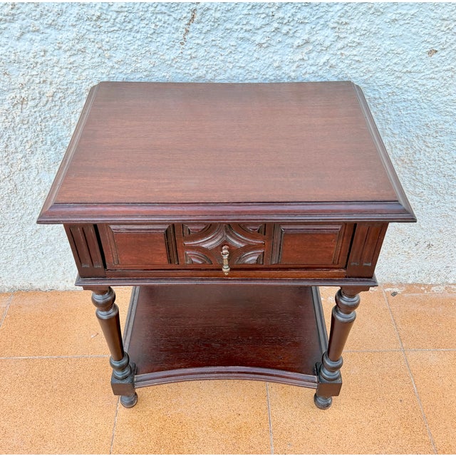 Spanish Carved Wood Bedside Tables with Lower Shelves, 1940s, Set of 2 For Sale - Image 6 of 11