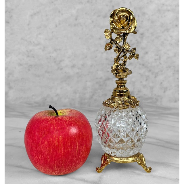 Original 1970's Victorian Style Perfume Bottle Gold Metal Ormolu Decorated with Flower Decorated Motif Crystal Bottle with...