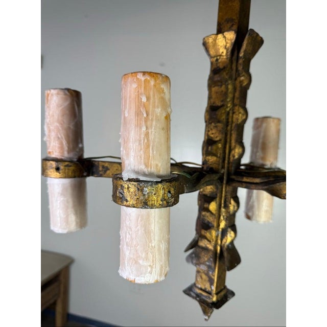 Brown Spanish Hand-Forged Iron Chandelier, Rustic Style, Six Lights, 1930s For Sale - Image 8 of 9