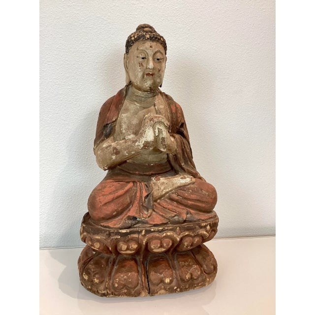 Antique Solid Wood Carved Buddha Statue Sculpture For Sale - Image 4 of 12