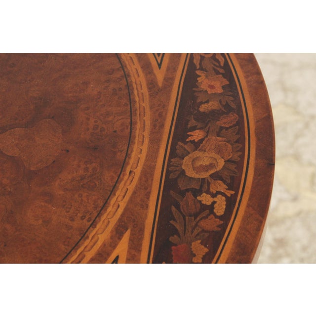 Gorgeous Burl Wood Inlaid Round Accent Table For Sale - Image 9 of 16