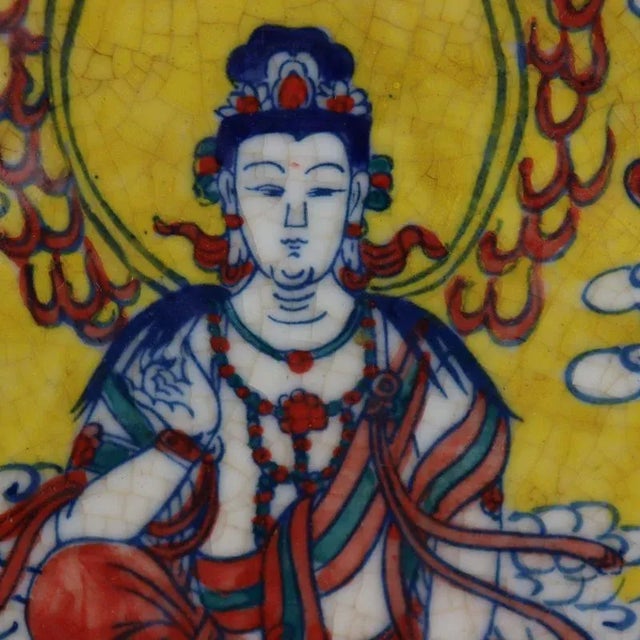 Chinese Vintage Ceramic Plate,Qing Dynasty Kangxi Marked Yellow Ground Famille Verte Porcelain Plate Hand Painted Buddha Pattern For Sale In Seattle - Image 6 of 6