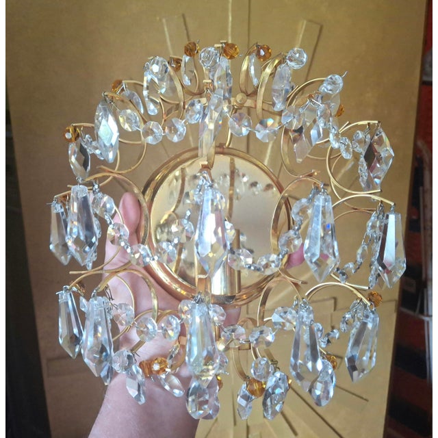 Luxe 1950's Hollywood Regency 24k Plate Frame Austrian Crystal 1/2 Orb Wall Sconces Attributed to Palwa a - Pair For Sale - Image 11 of 17