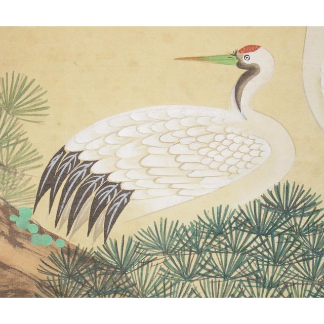Asparagus "Cranes and the Big Pine Tree", Showa Era Japanese Silk Scroll Painting For Sale - Image 8 of 17