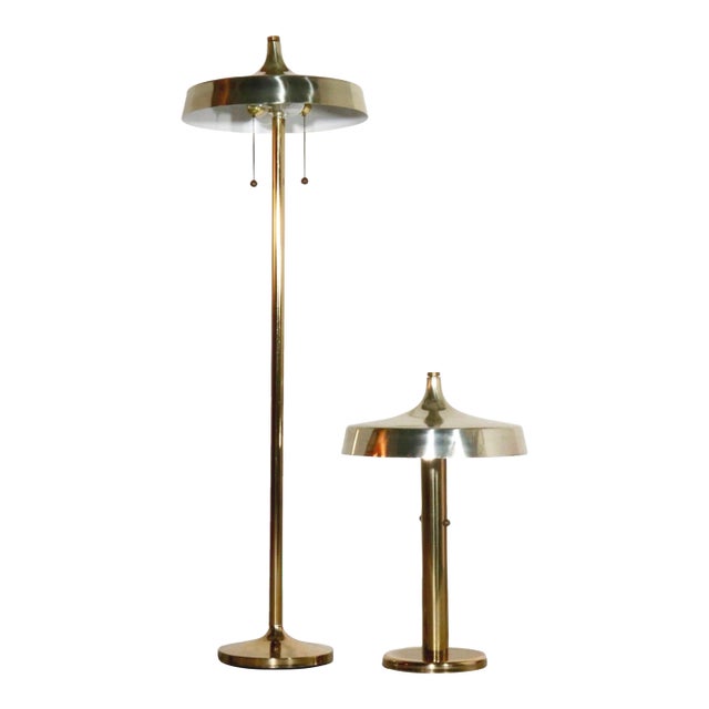 Brass Deco Pagoda Floor and Table Lamps after Walter Von Nessen - A Pair For Sale