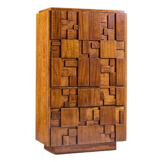 Lane Staccato Brutalist Mid Century Walnut Armoire Dresser For Sale