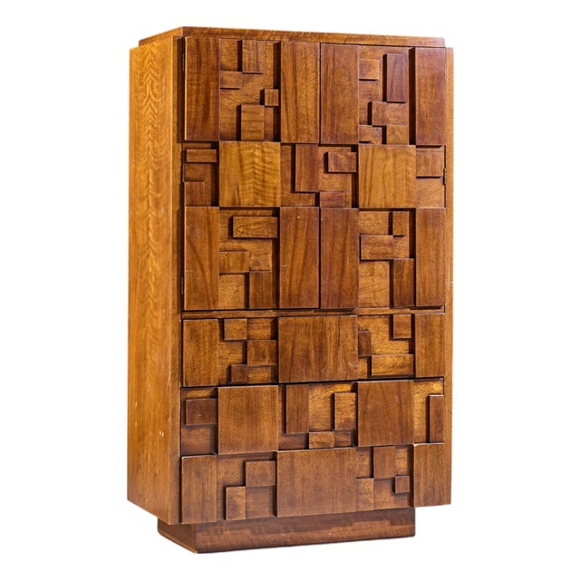 Lane Staccato Brutalist Mid Century Walnut Armoire Dresser For Sale