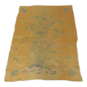 Vintage Orange & Green Embroidered Asian Silk Textile Panel