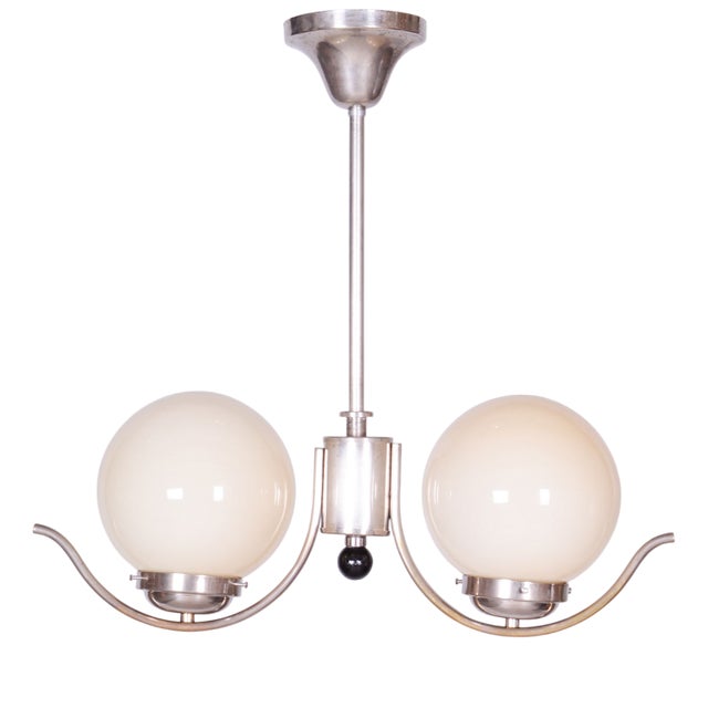 Czech Bauhaus Chandelier in Chrome-Plated Steel and Opaline Glass, 1930s For Sale