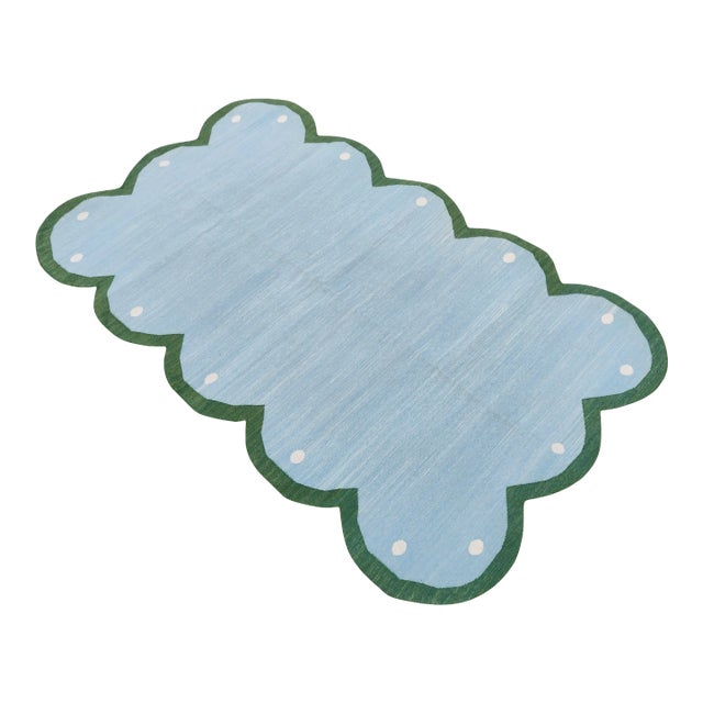 Handmade Cotton Scalloped Rug Reversible Sky Blue and Forest Green Dhurrie-10'x14' For Sale