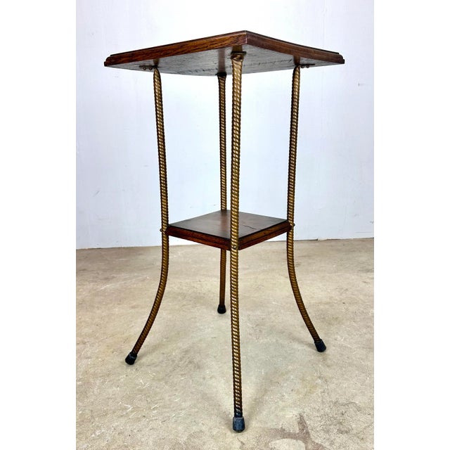 Wood Antique Arts & Crafts Oak and Gilt Metal Two-Tier Plant Stand For Sale - Image 7 of 10