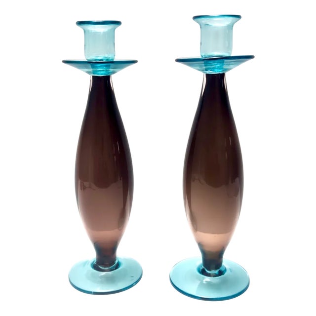 Vintage Italian Candleholders in Brown and Aquamarine Murano Glass, 1980s, Set of 2 For Sale