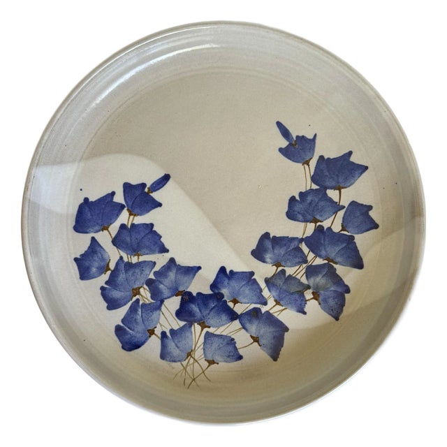 Vintage Studio Pottery Platter With Blue Floral Motif, Signed CHR For Sale